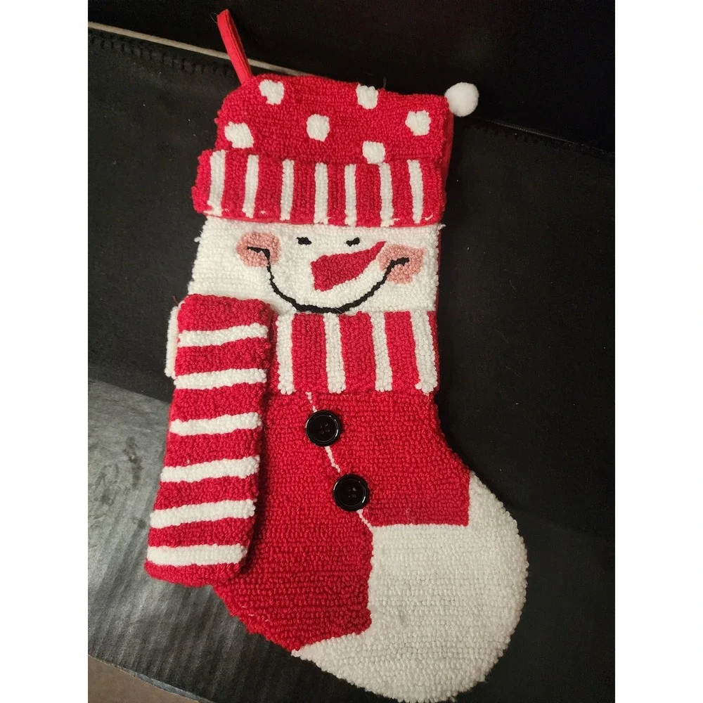 Snowman Christmas Stocking Red White Hooked Textured Fleece Back 19 Inch Holiday